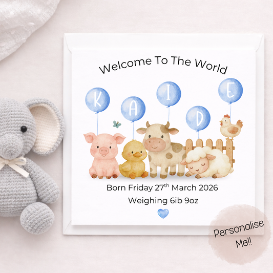 Personalised New Baby Boy Card With Details – Farm Animal Baby Boy Card – Welcome To The World Card