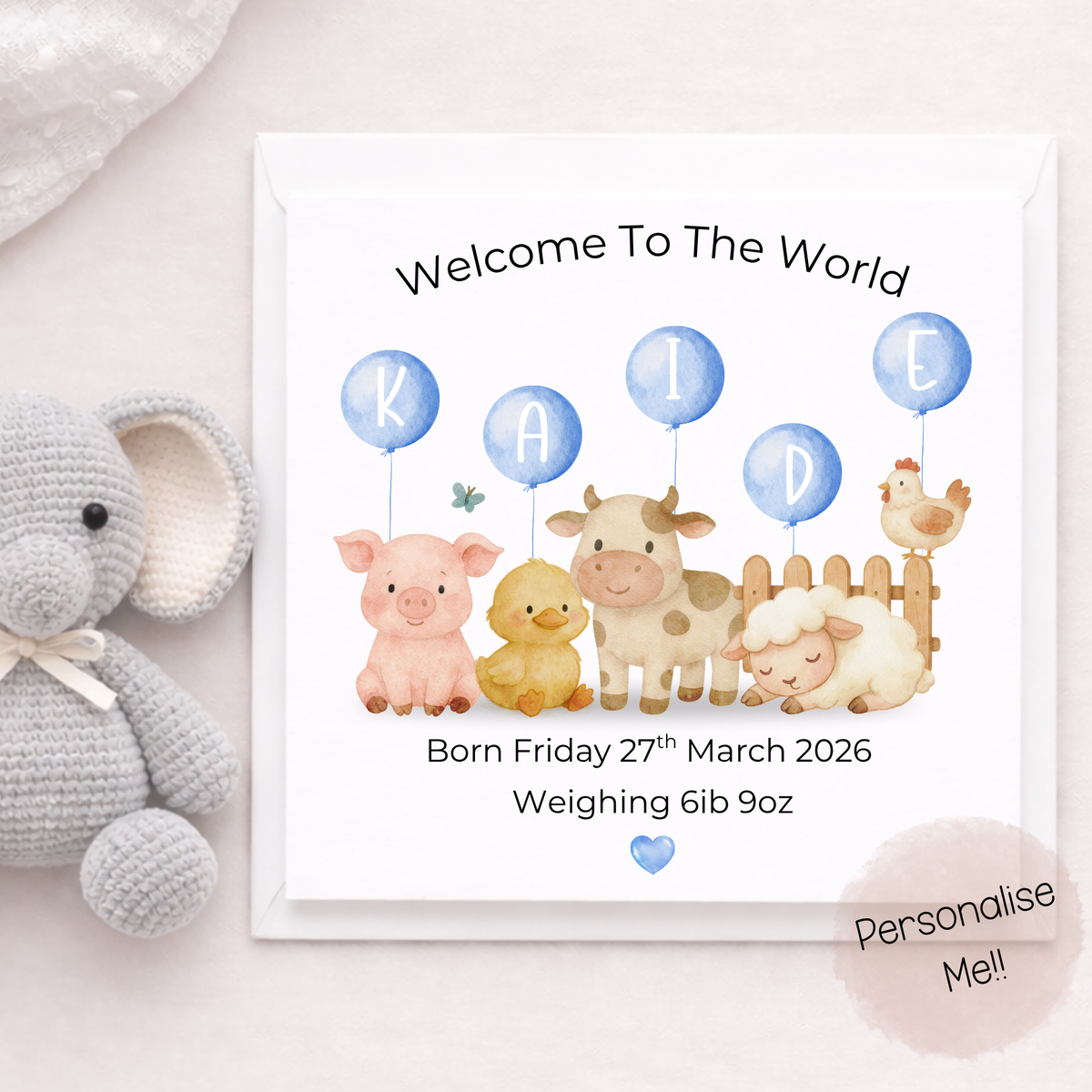 Personalised New Baby Boy Card With Details – Farm Animal Baby Boy Card – Welcome To The World Card Little Wishes By Amba