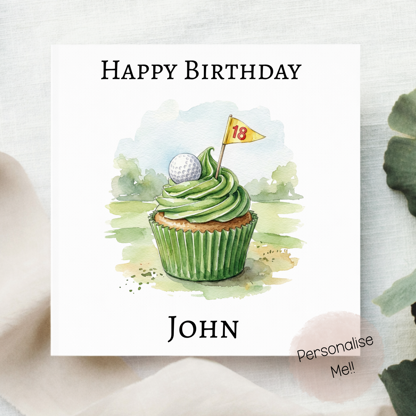 Personalised golf birthday card with cupcake and golf ball topper, custom age flag and name in soft green tones