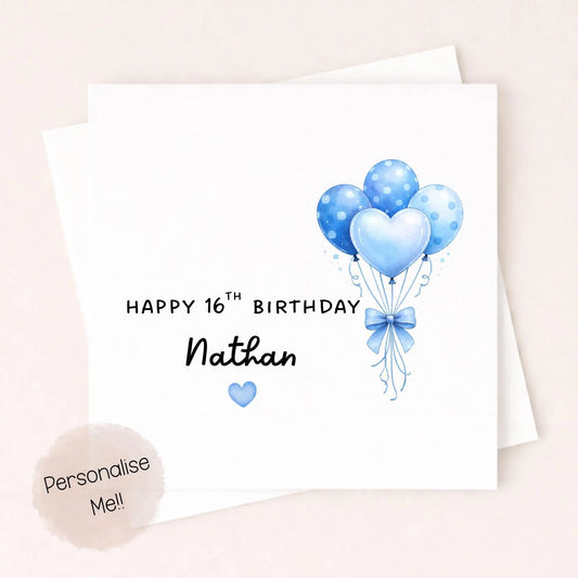 Personalised 16th Birthday Card Boy – Blue Balloon Birthday Card – Custom Name 16th Birthday Card – Teen Boy Birthday Card