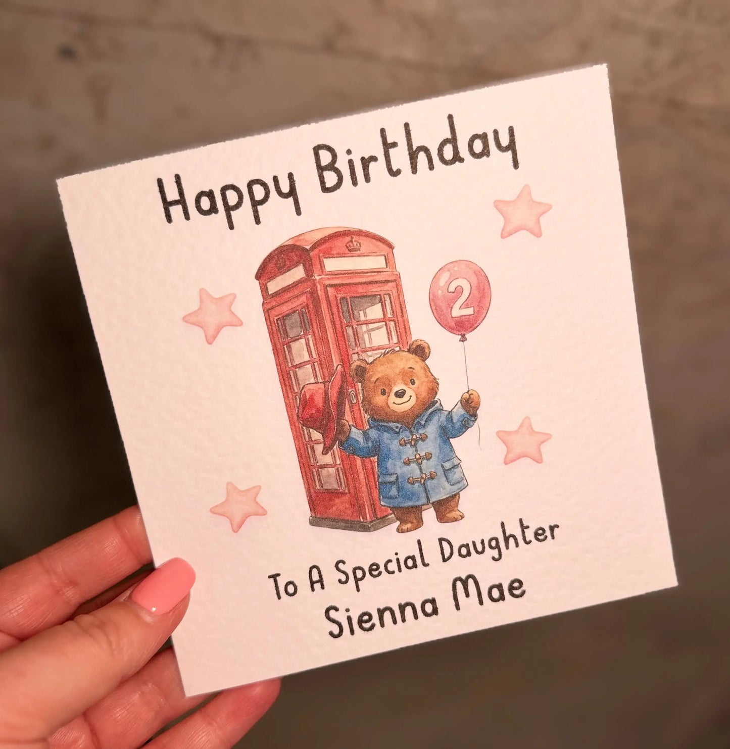 Personalised 2nd Birthday Card Daughter – Cute Bear Birthday Card – Pink Balloon Girl Birthday Card – Custom Name 2nd Birthday