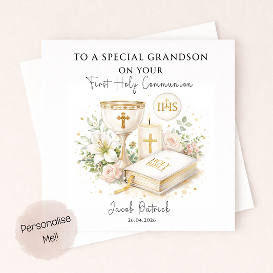 Greeting card for a special grandson on his First Holy Communion with a chalice, Bible, and flowers.