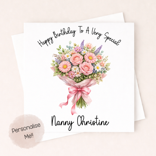 Personalised Nan Birthday Card – Floral Bouquet Greeting Card – Custom Name Card – Elegant Birthday Card for Grandma – Handmade Style Card