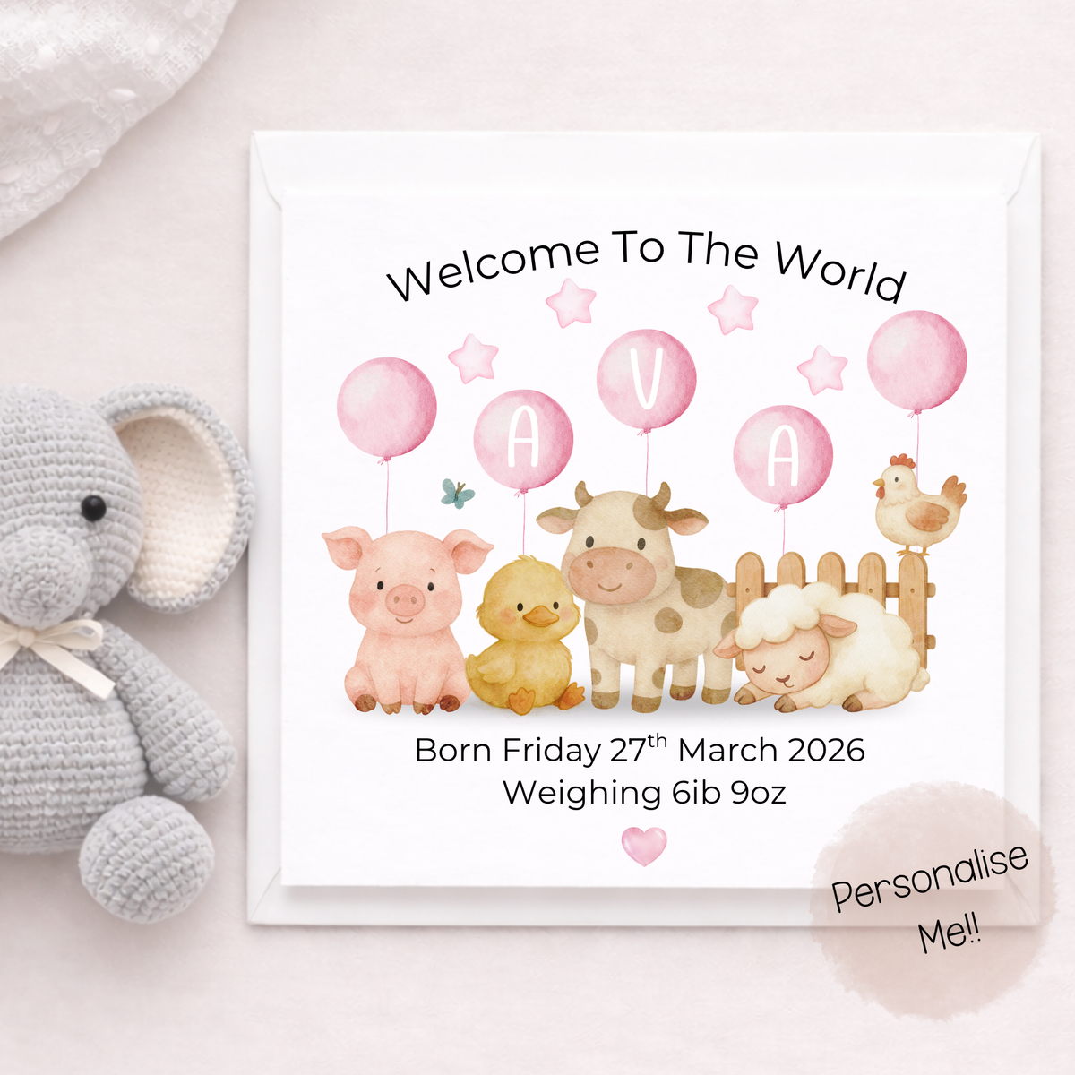 Personalised New Baby Girl Card With Details – Farm Animal Baby Girl Card – Welcome To The World Card Little Wishes By Amba