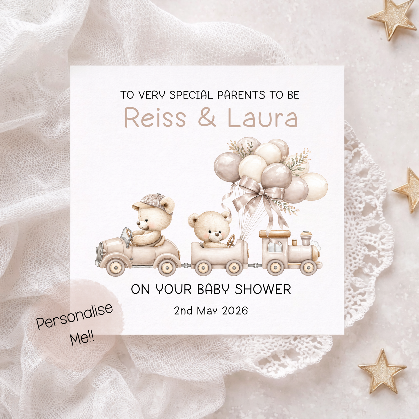 Baby shower invitation card with teddy bears and balloons on a textured background