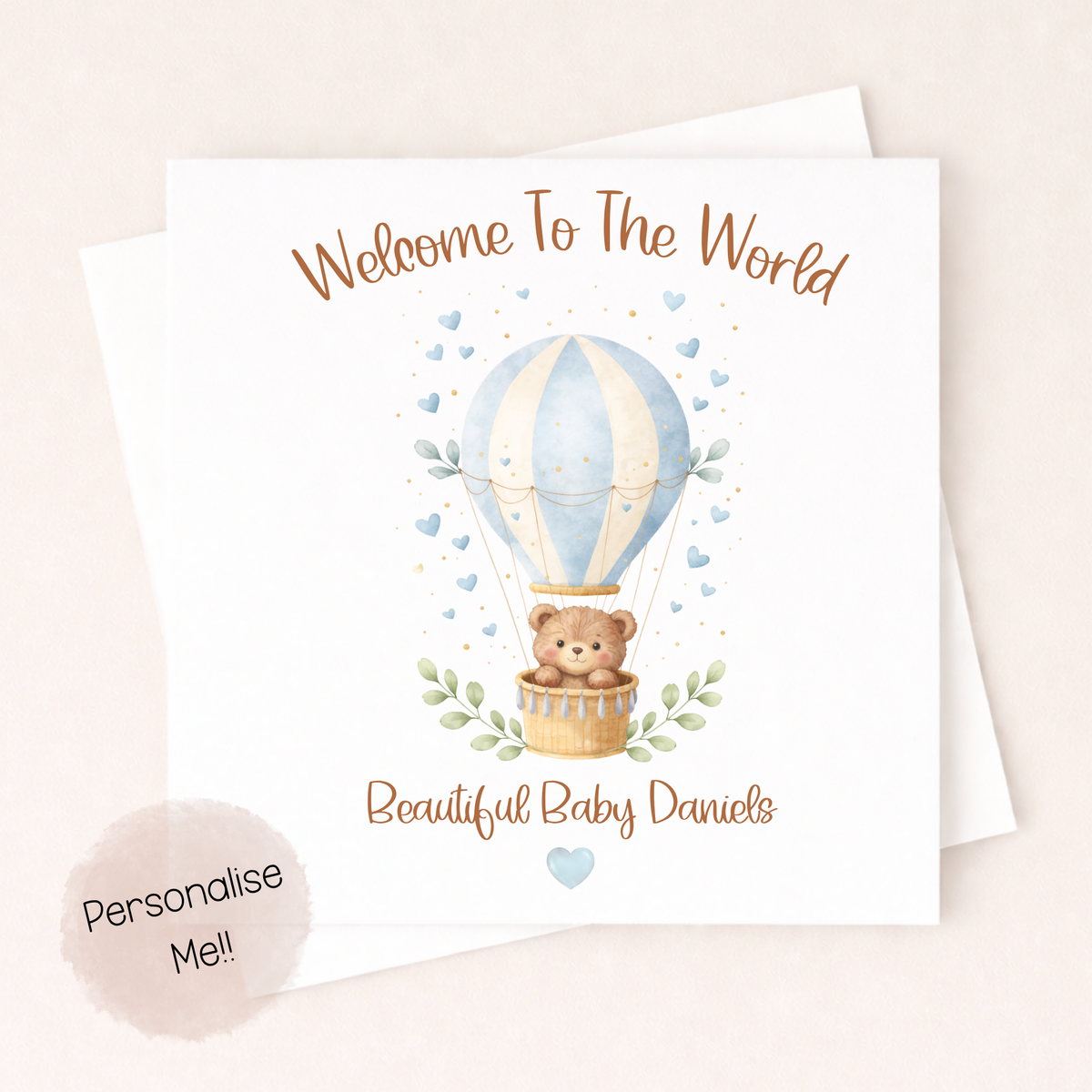 Personalised New Baby Boy Card – Welcome To The World Card – Hot Air Balloon Baby Boy Card – Custom Name Baby Card Little Wishes By Amba