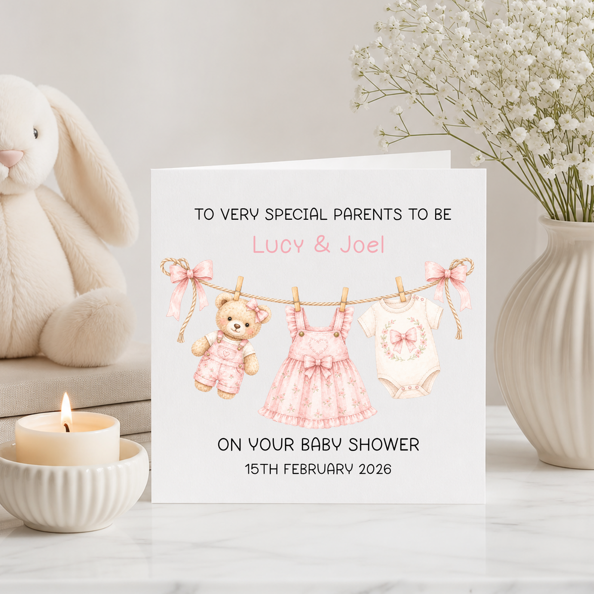 Personalised Baby Shower Card Girl – Parents To Be Card – Custom Name & Date Baby Girl Shower Card – New Baby Card Little Wishes By Amba