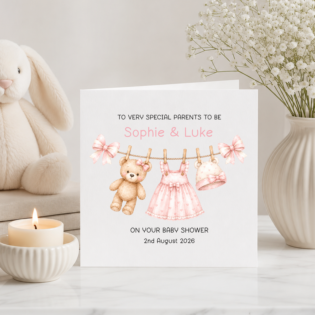 Personalised Pink Baby Shower Card Girl – Parents To Be Card – Custom Name & Date Baby Girl Shower Card – New Baby Card Little Wishes By Amba