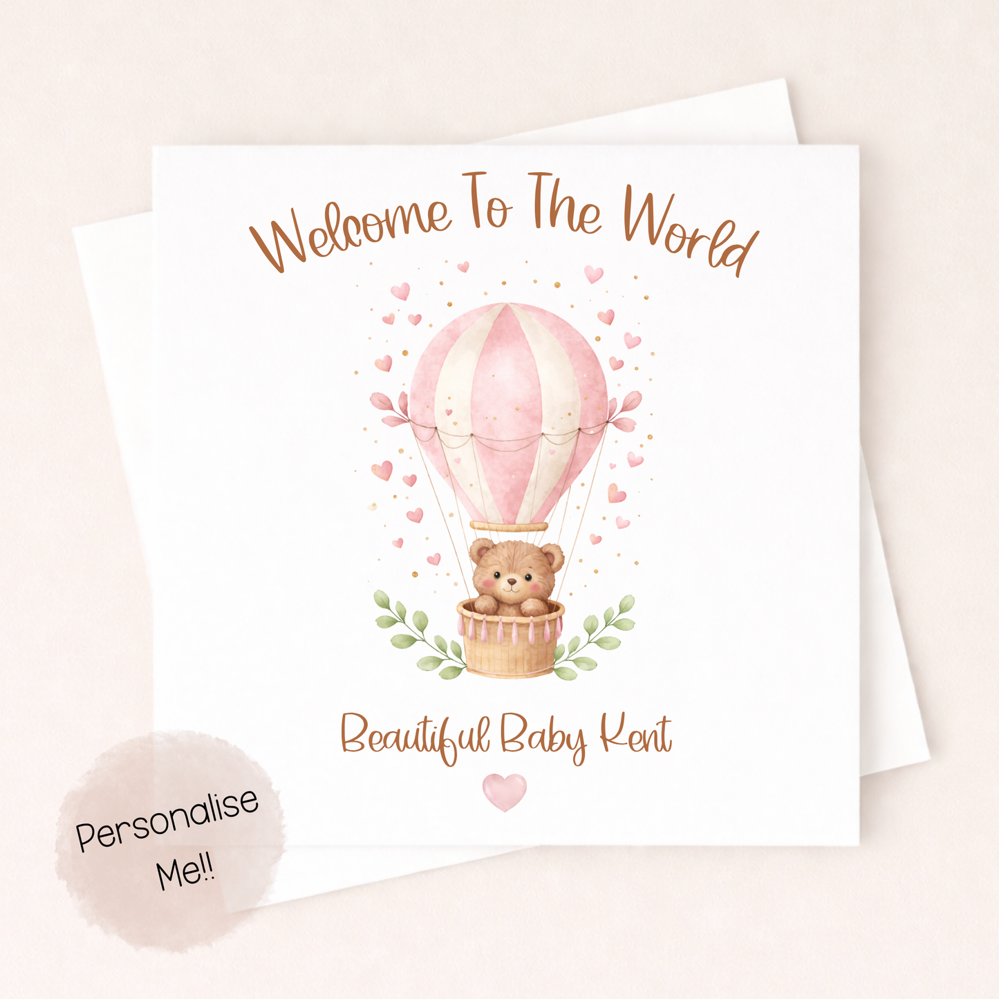 Personalised New Baby Girl Card – Welcome To The World Card – Hot Air Balloon Baby Card – Custom Name Baby Card