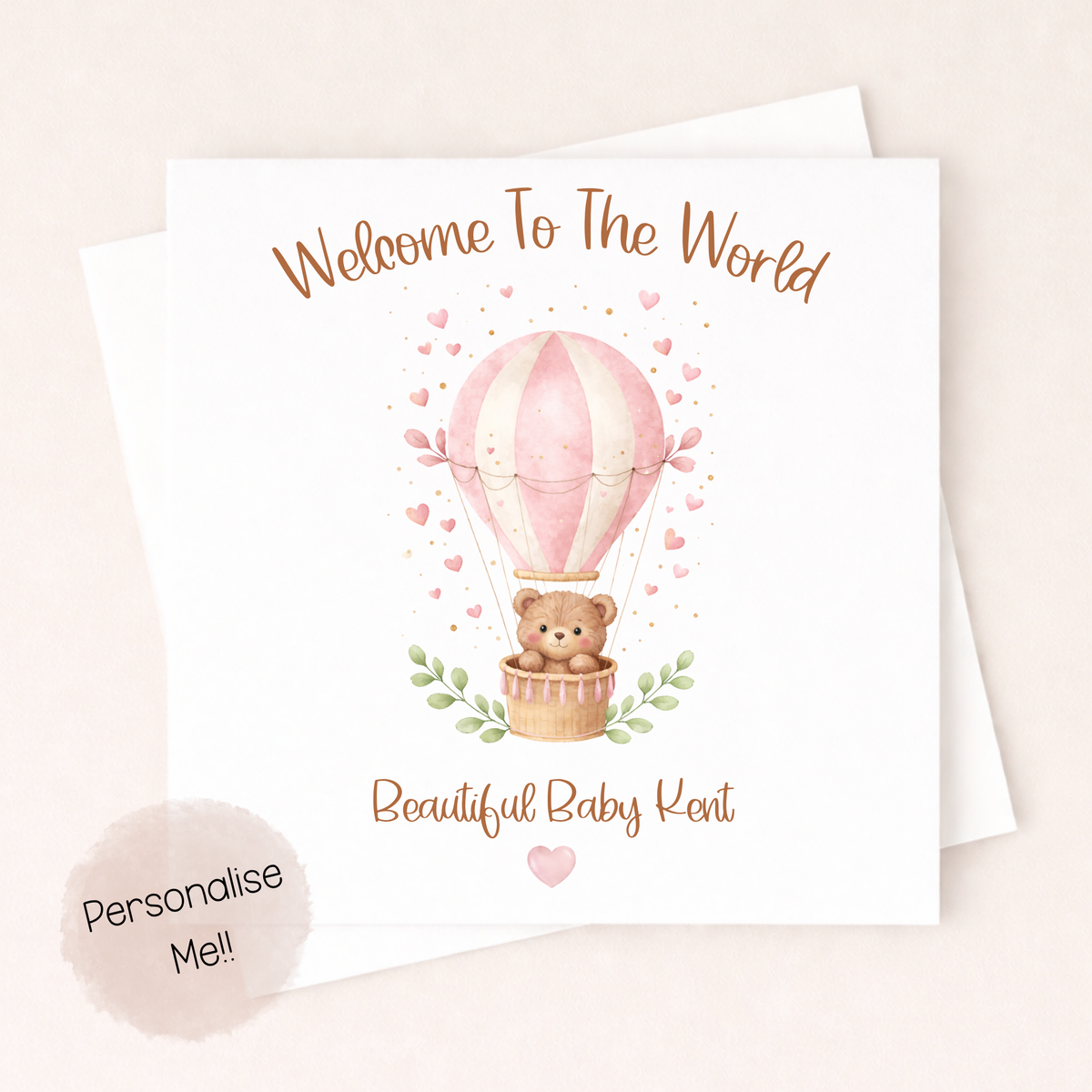 Personalised New Baby Girl Card – Welcome To The World Card – Hot Air Balloon Baby Card – Custom Name Baby Card Little Wishes By Amba
