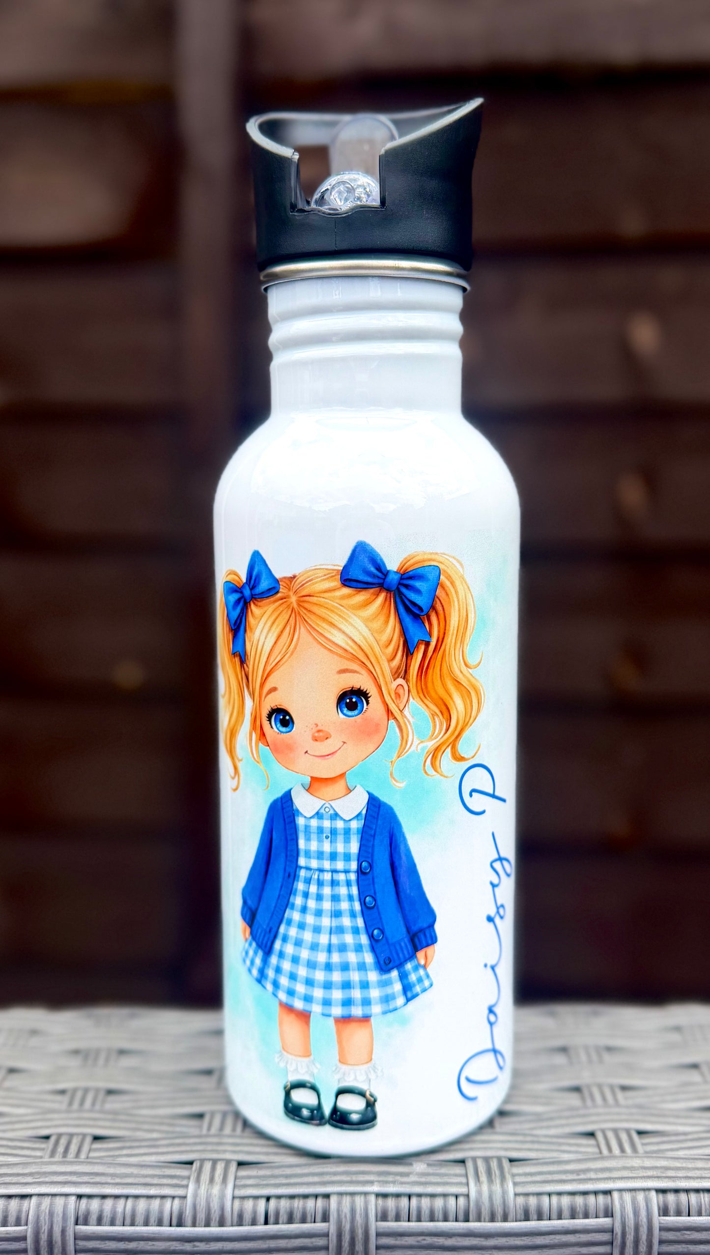 Personalised School Girl Water Bottle, Blue Gingham School Dress with Name, Drink Bottle Girl, Back to School Bottle