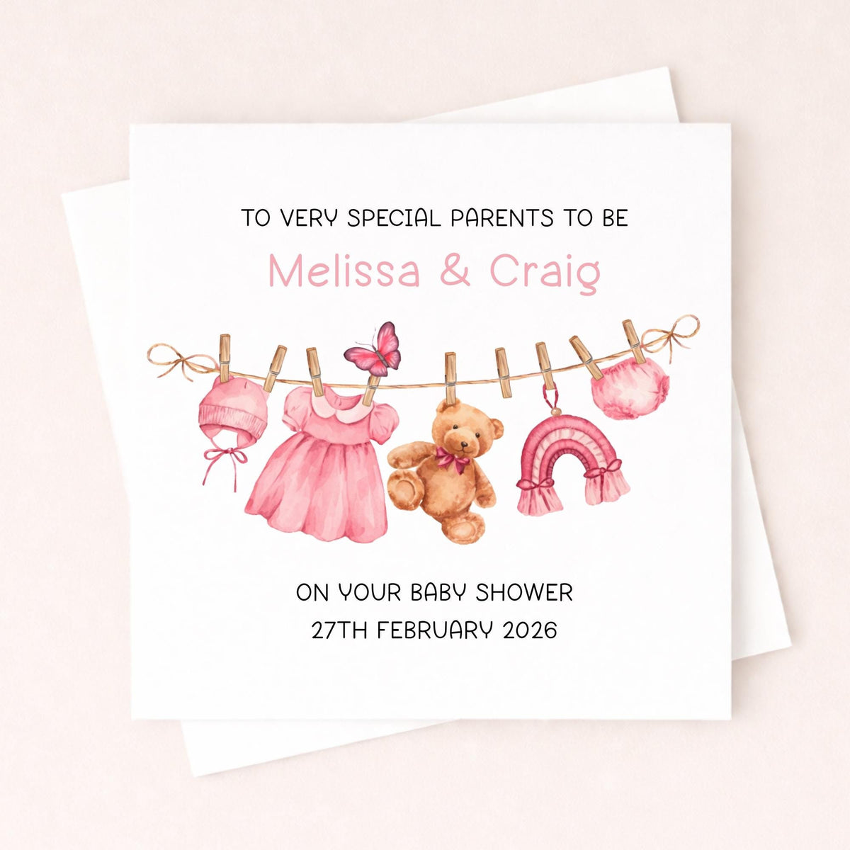 Personalised Baby Shower Card Girl – Parents To Be Card – Custom Name & Date Baby Girl Shower Card – New Baby Card Little Wishes By Amba