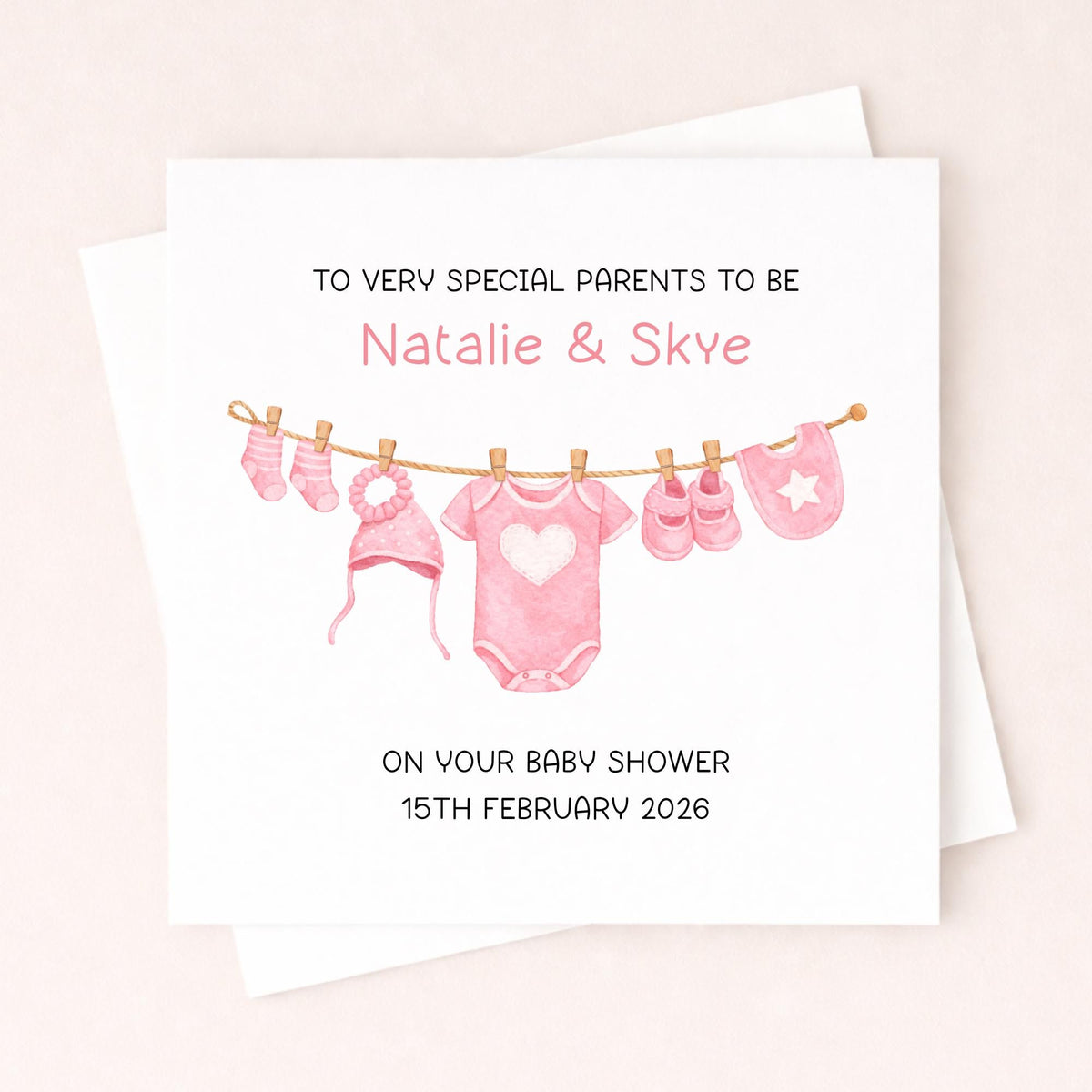 Personalised Baby Shower Card Girl – Parents To Be Card – Custom Name & Date Baby Girl Shower Card – New Baby Card Little Wishes By Amba