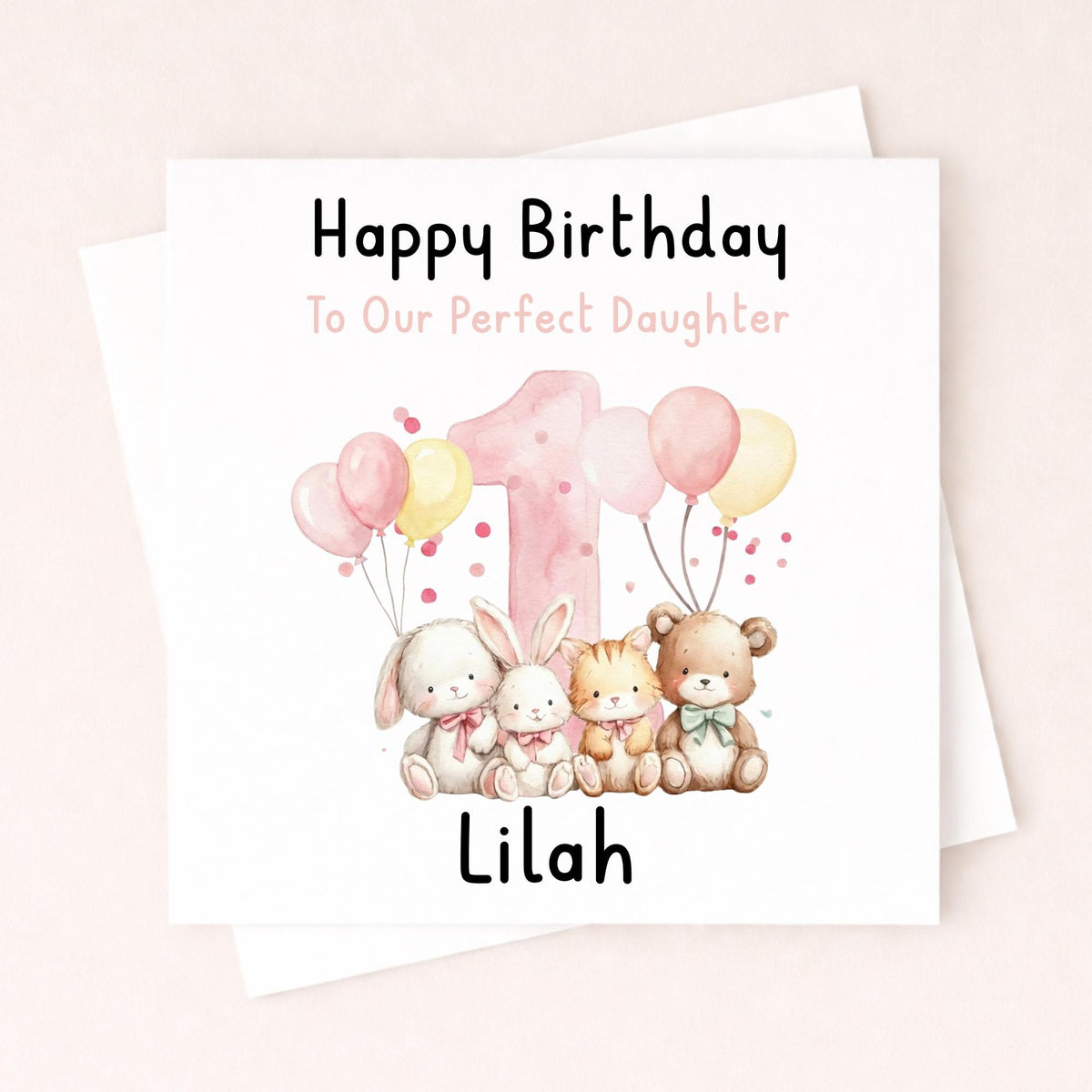 Personalised 1st Birthday Card Daughter – Cute Animal First Birthday Card – Pink Balloon Baby Girl Card – Custom Name Card Little Wishes By Amba