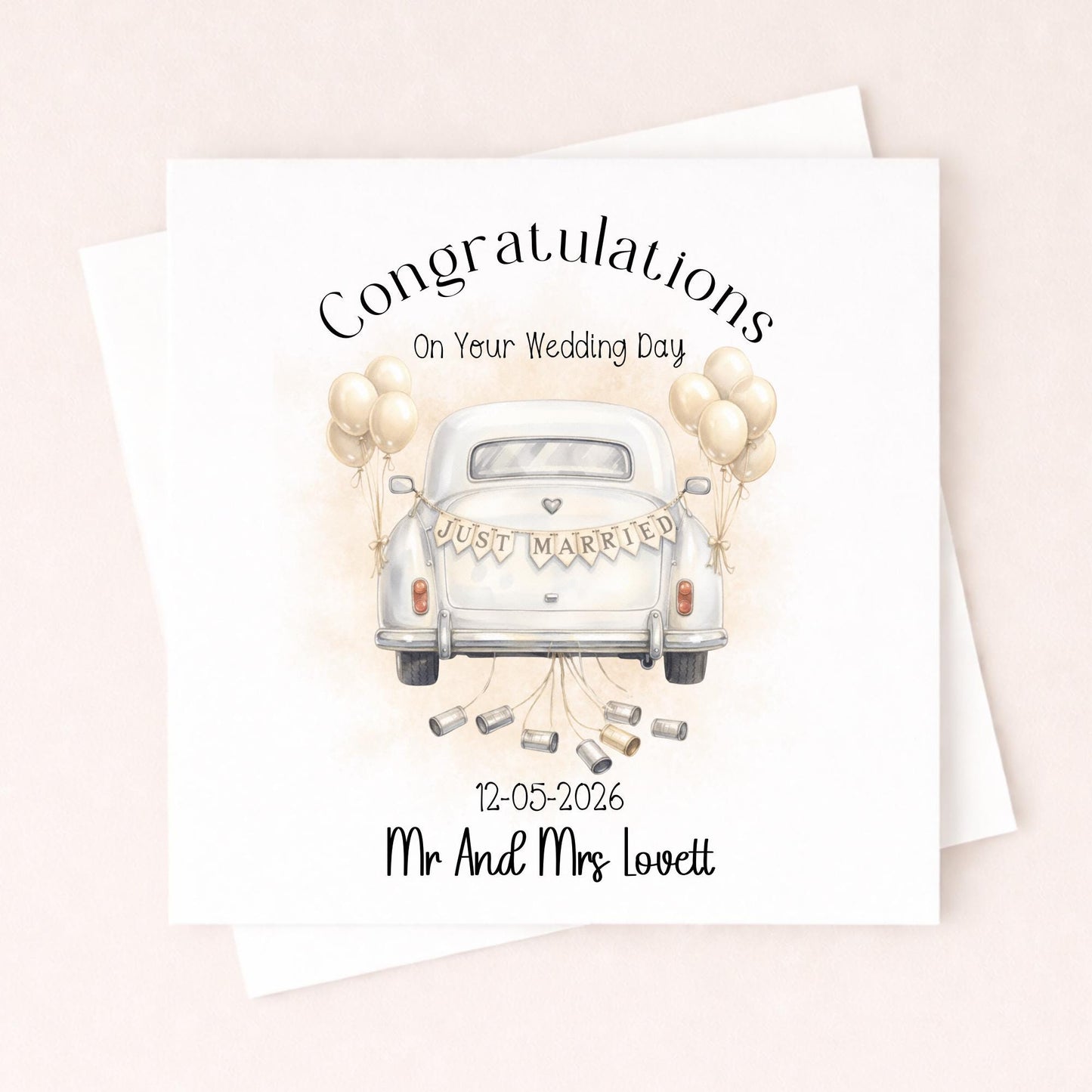 Personalised Wedding Card With Date – Just Married Car Wedding Card – Mr & Mrs Wedding Card – Custom Names Wedding Card