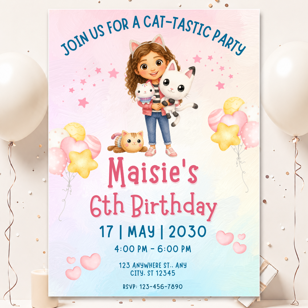 Personalised Cat-Tastic Birthday Party Invitation Template | Editable Digital Download | Printable Cat Party Invite Little Wishes By Amba