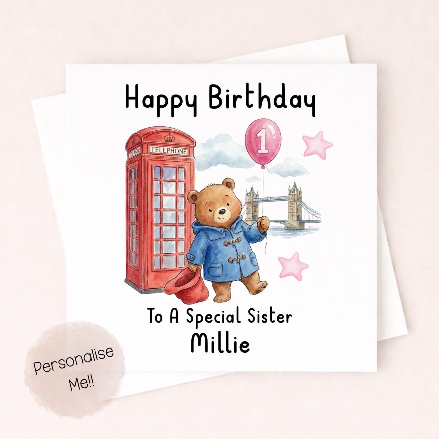 Personalised 1st Birthday Card Granddaughter – Cute Bear Birthday Card – Pink Balloon Girl Birthday Card – Custom Name 1st Birthday