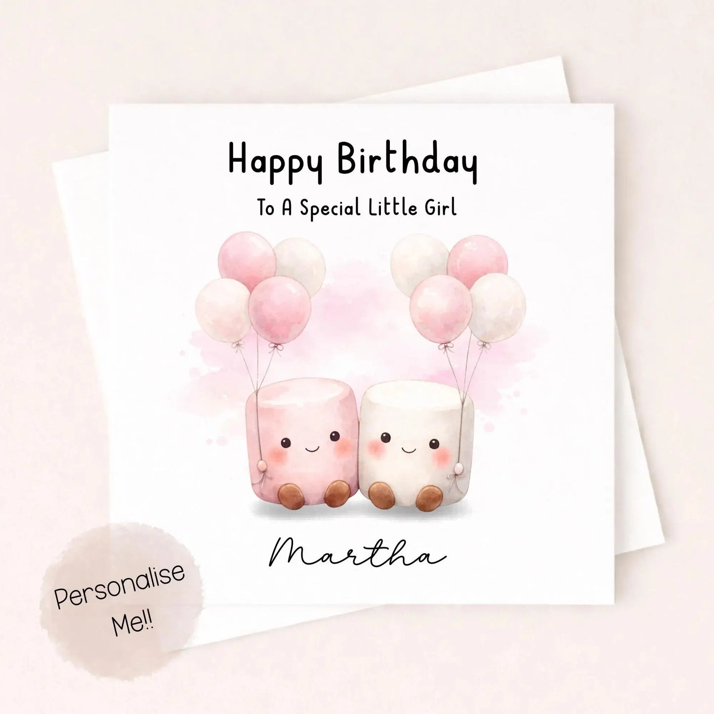 Personalised Birthday Card for Girl – Cute Pink Balloon Card – Custom Name Children’s Birthday Card – Special Little Girl Card