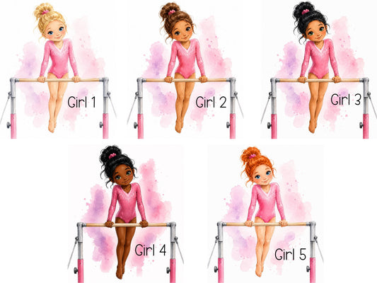 Five watercolor-style illustrations of young gymnasts in pink leotards sitting on parallel bars, each labeled Girl 1 through Girl 5 on a white background with pink watercolor splashes.