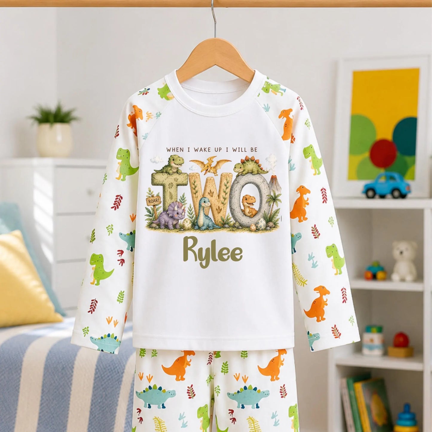 Personalised Dinosaur Birthday Set, When I Wake Up Birthday Outfit, Custom Name Any Age Toddler Set, Boys Dino Birthday Gift