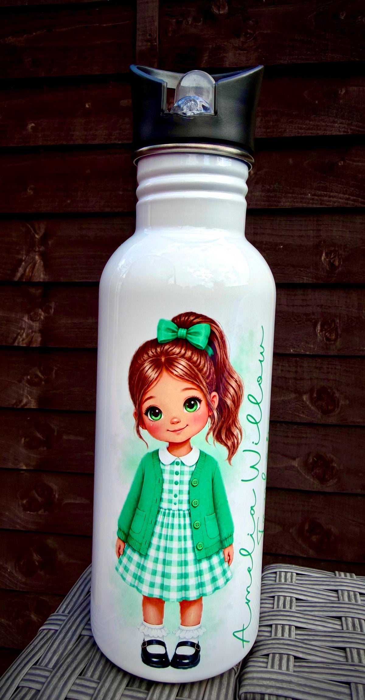 Personalised School Girl Water Bottle, Green Gingham School Dress with Name, Drink Bottle Girl, Back to School Bottle __etsy:8435868522