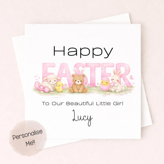 Personalised Easter Card Baby Girl – Cute Easter Bunny Card – Custom Name Kids Easter Card – Little Girl Easter Card