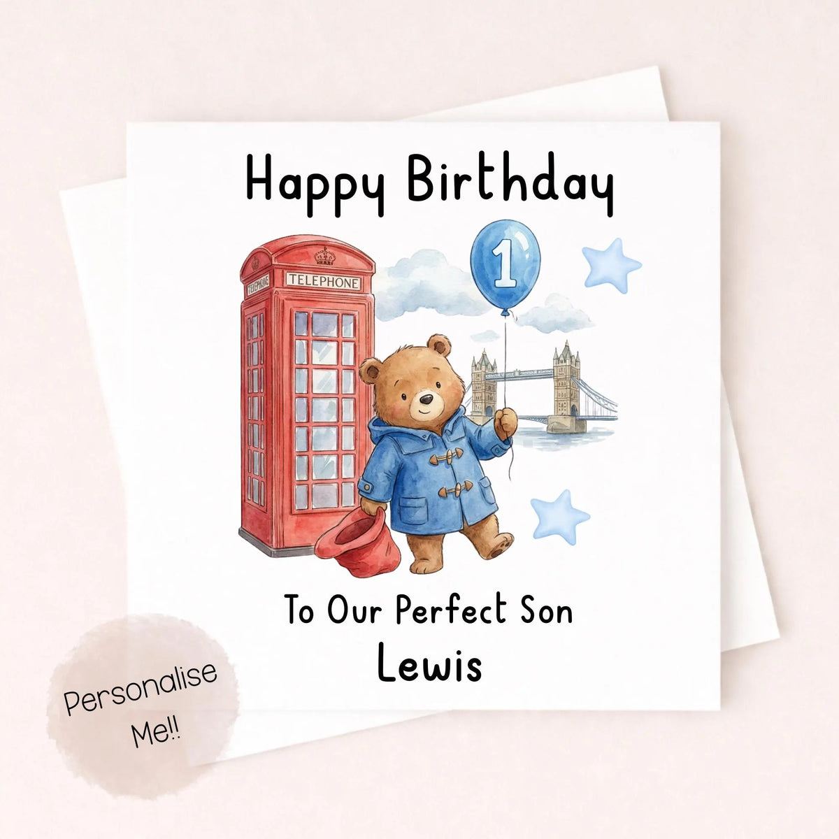 Personalised 1st Birthday Card Son – Cute Bear Birthday Card – Blue Balloon Boy Birthday Card – Custom Name 1st Birthday Little Wishes By Amba