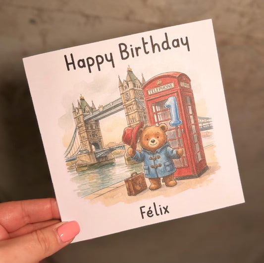 Personalised 1st Birthday Card Granddaughter – Cute Bear Birthday Card – Pink Balloon London Girl Birthday Card – Custom Name 1st Birthday