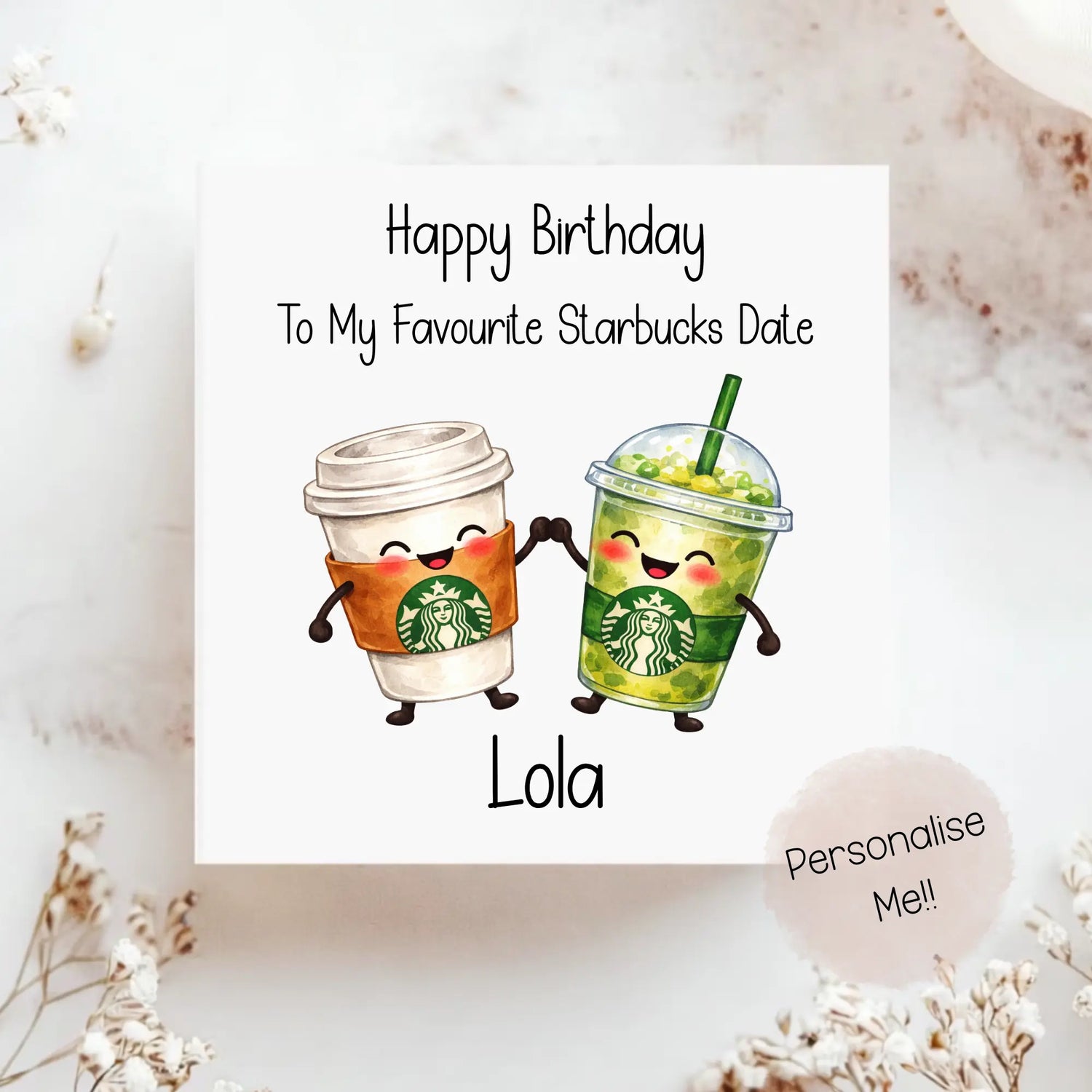 Personalised funny birthday card with cute coffee characters and custom name Lola