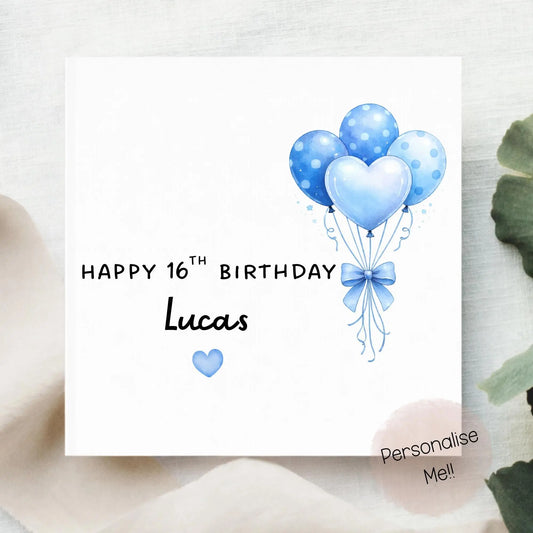 Personalised 16th Birthday Card Boy – Blue Balloon Birthday Card – Custom Name 16th Birthday Card – Teen Boy Birthday Card