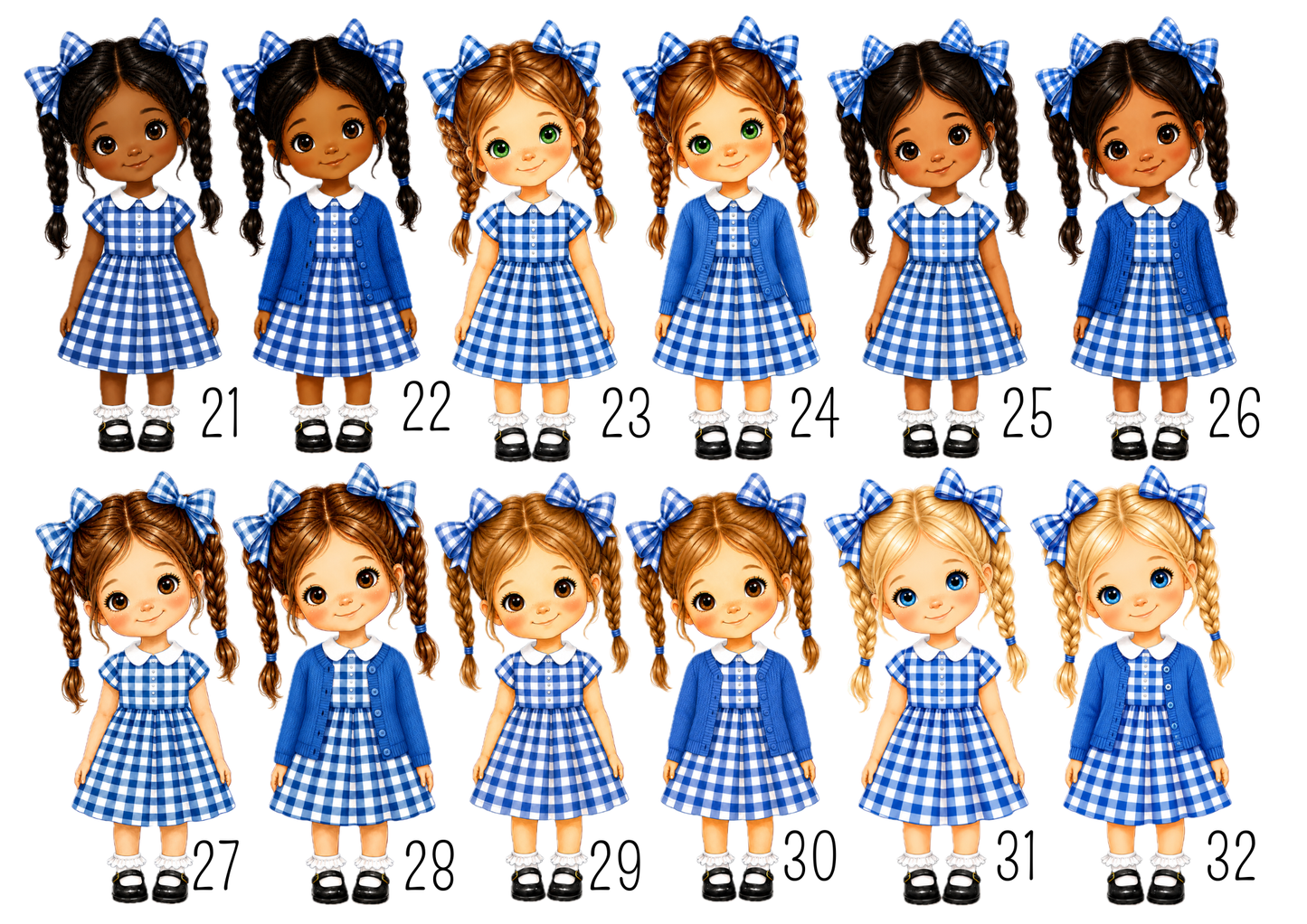 Personalised School Girl Water Bottle, Blue Gingham School Dress with Name, Drink Bottle Girl, Back to School Bottle