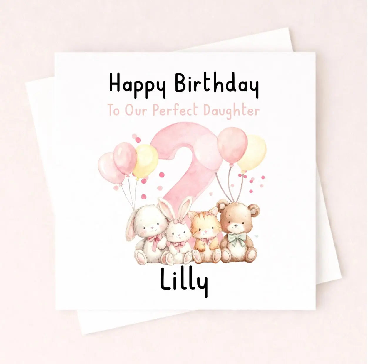 Personalised 2nd Birthday Card For Daughter – Cute Pink Animal Birthday Card – Custom Name Girl Birthday Card – Birthday Daughter