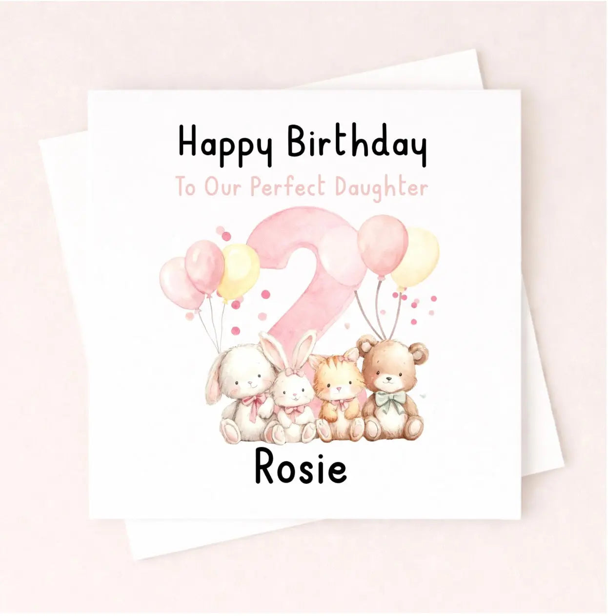 Personalised 2nd Birthday Card For Daughter – Cute Pink Animal Birthday Card – Custom Name Girl Birthday Card – Birthday Daughter