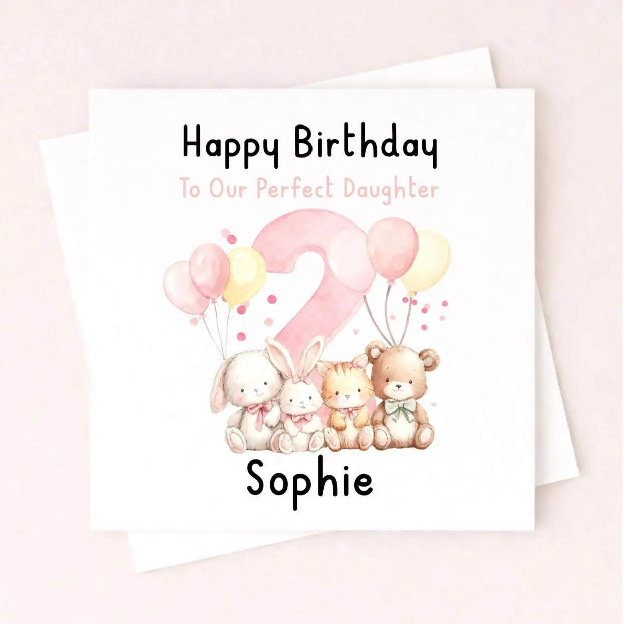 Personalised 2nd Birthday Card For Daughter – Cute Pink Animal Birthday Card – Custom Name Girl Birthday Card – Birthday Daughter