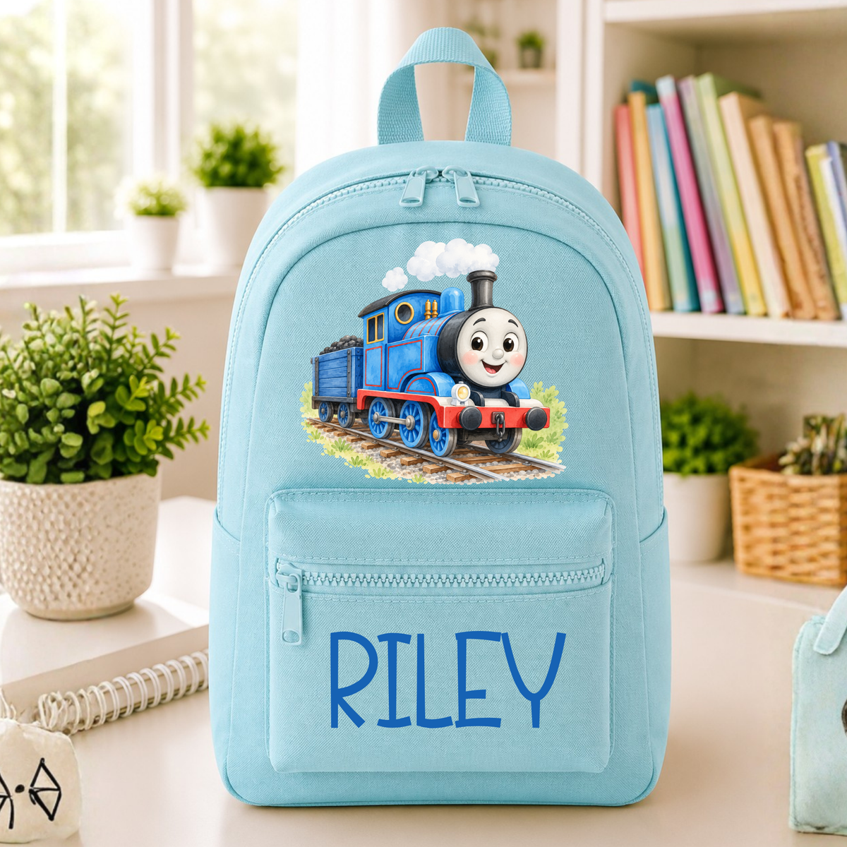 Personalised Blue Train Backpack for Kids | Custom Name Children's School Bag Creative Wishes By Amba