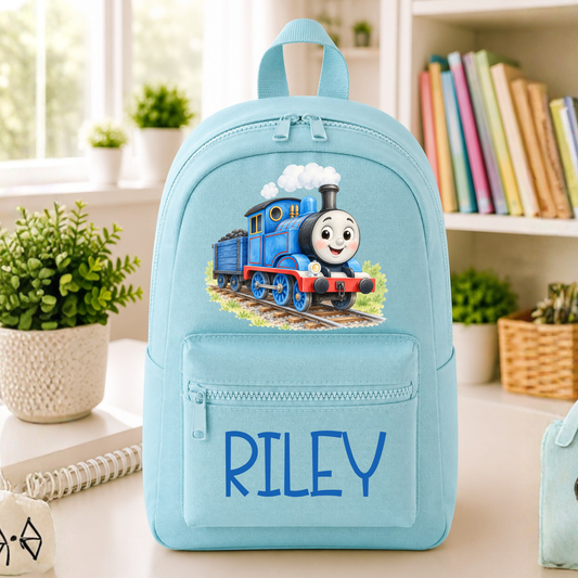 Personalised Blue Train Backpack for Kids | Custom Name Children's School Bag Creative Wishes By Amba