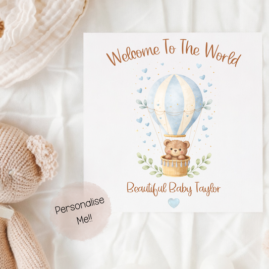 Personalised New Baby Boy Card – Welcome To The World Card – Hot Air Balloon Baby Boy Card – Custom Name Baby Card