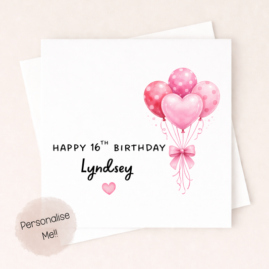 Personalised 16th Birthday Card Girl – Pink Balloon 16th Birthday Card – Custom Name 16th Card Daughter – 16th Birthday Card