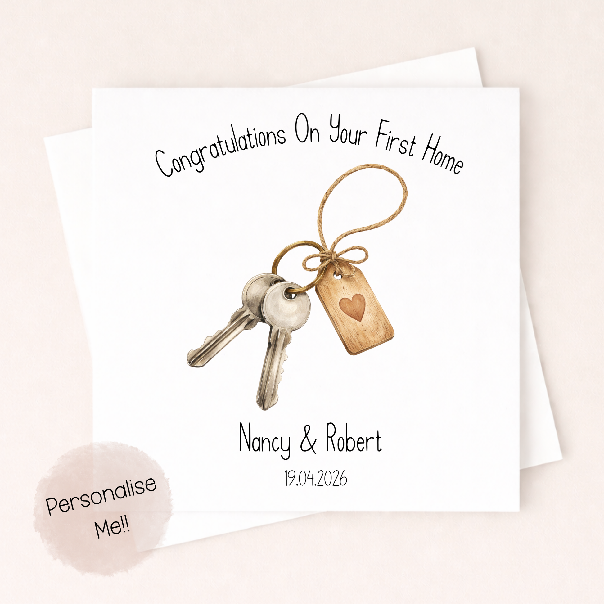 Greeting card with keys and a heart tag on a white background