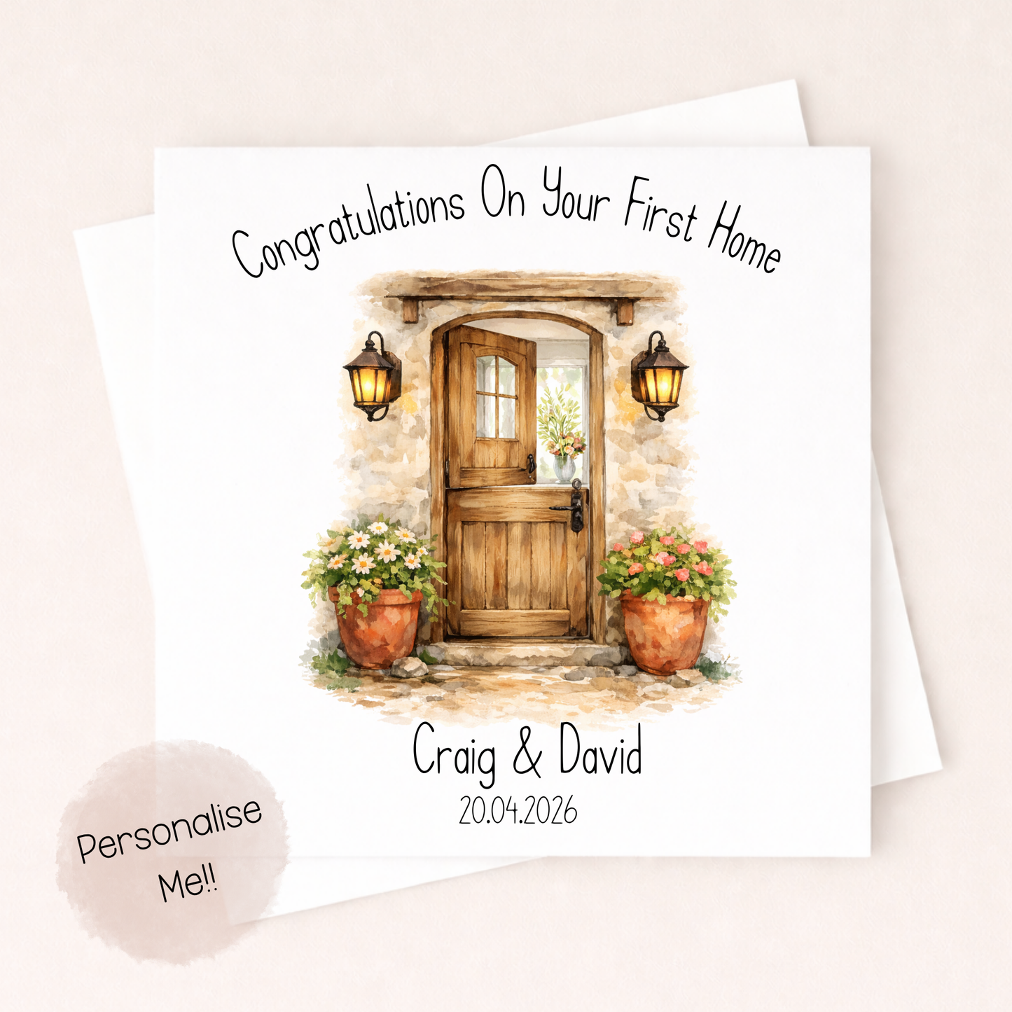 Greeting card with a wooden door and flowers, personalized text on a light background