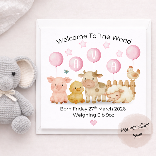 Personalised New Baby Girl Card With Details – Farm Animal Baby Girl Card – Welcome To The World Card