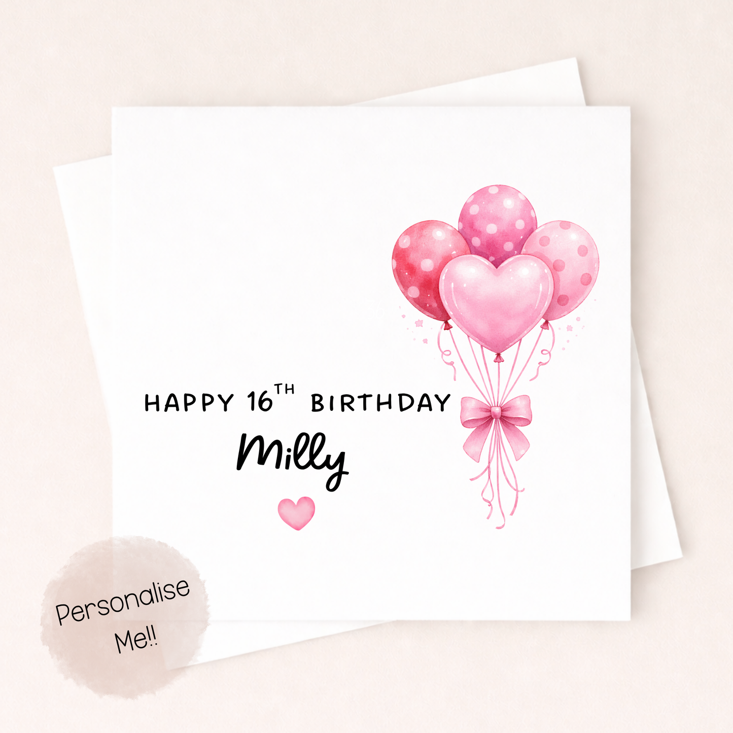 Personalised 16th Birthday Card Girl – Pink Balloon 16th Birthday Card – Custom Name 16th Card Daughter – 16th Birthday Card