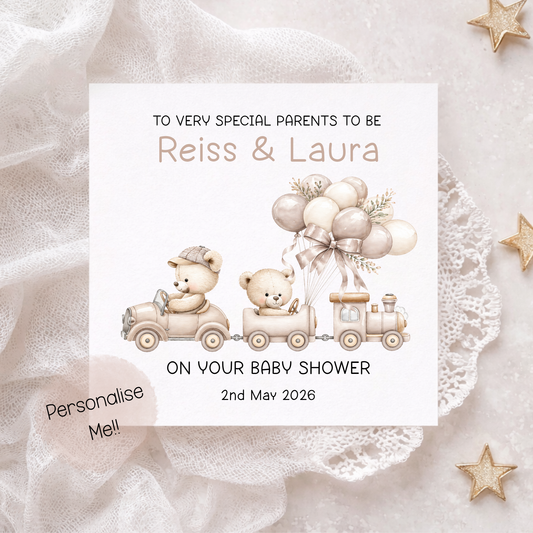 Baby shower invitation card with teddy bears and balloons on a textured background