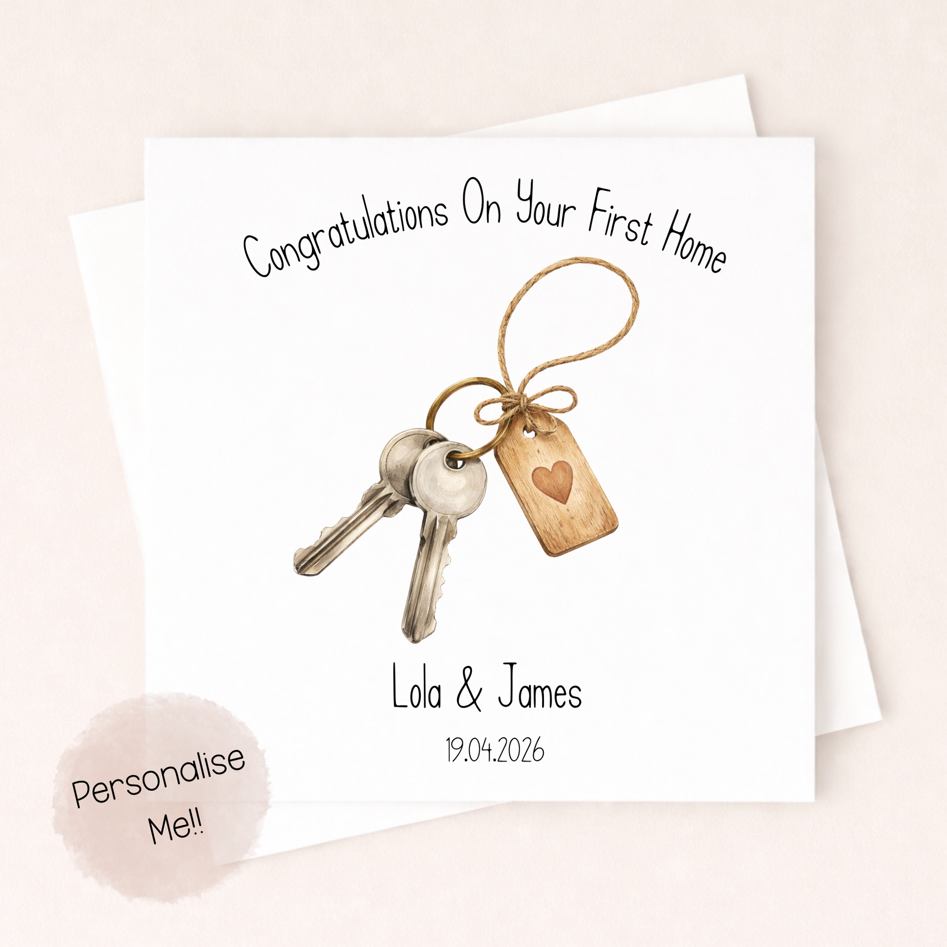 Greeting card with keys and a heart tag, personalized text on a light background