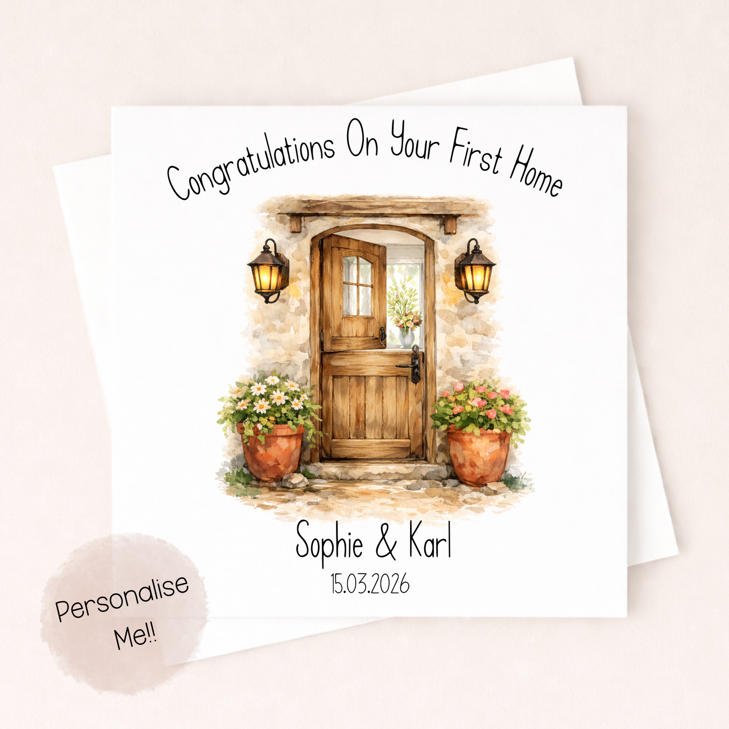 Greeting card with a wooden door and flowers, featuring text 'Congratulations On Your First Home' and space to personalize.