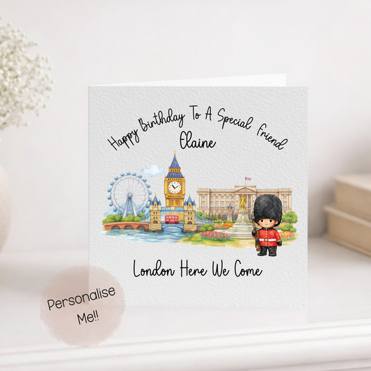 Personalized birthday card with London-themed illustration and text on a white surface.
