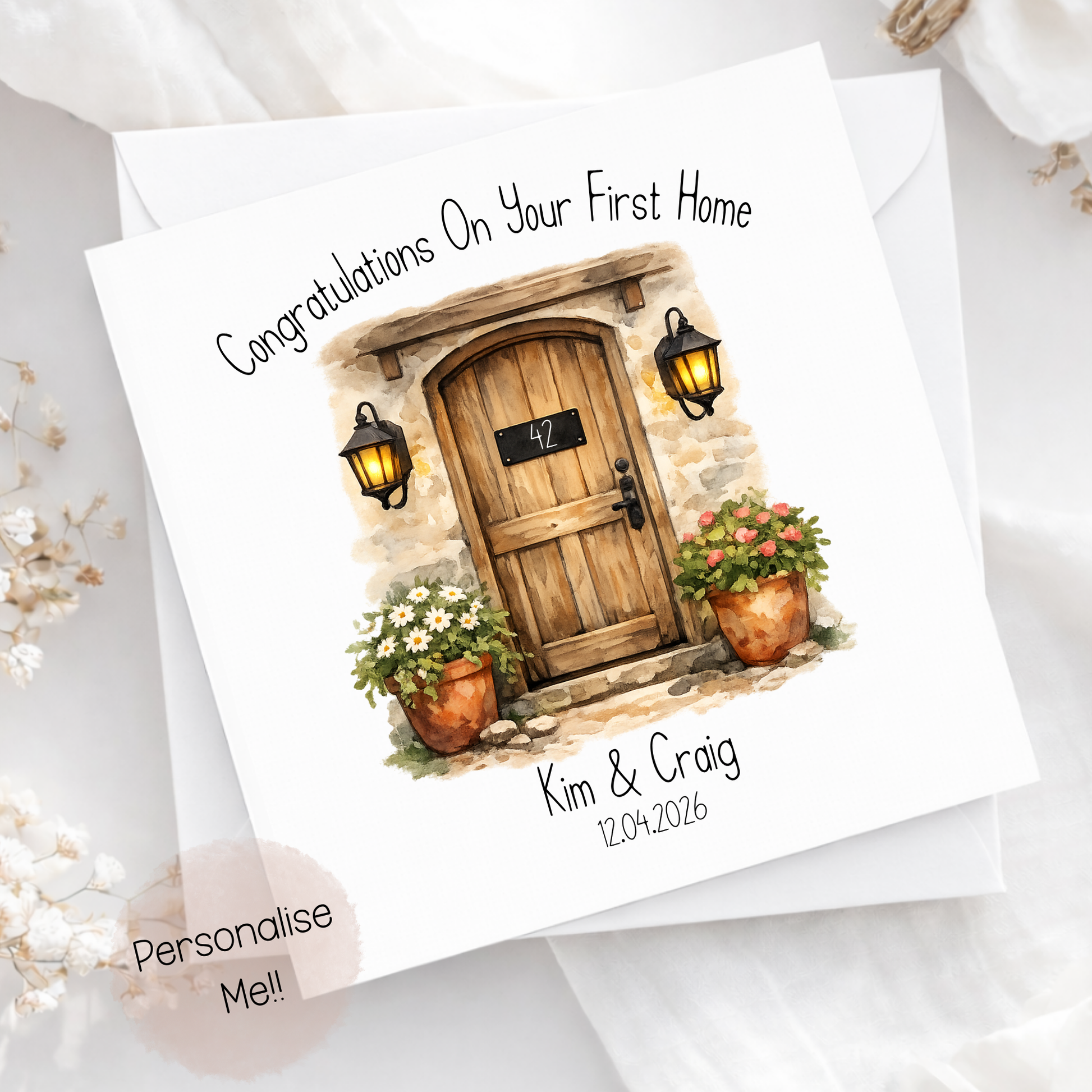 Personalised new home card with rustic door design, custom names Kim and Craig and house number 42