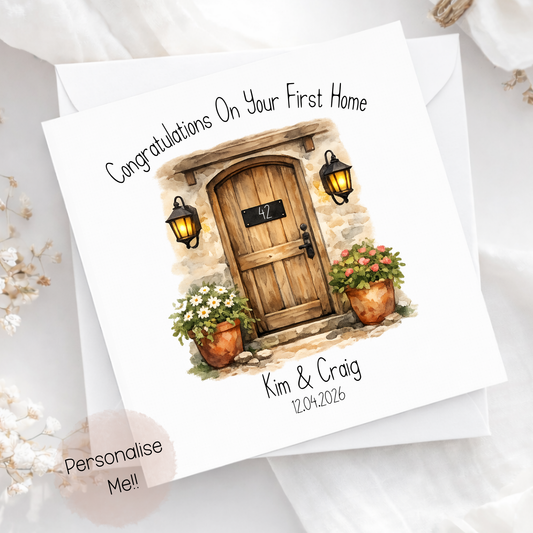 Personalised new home card with rustic door design, custom names Kim and Craig and house number 42