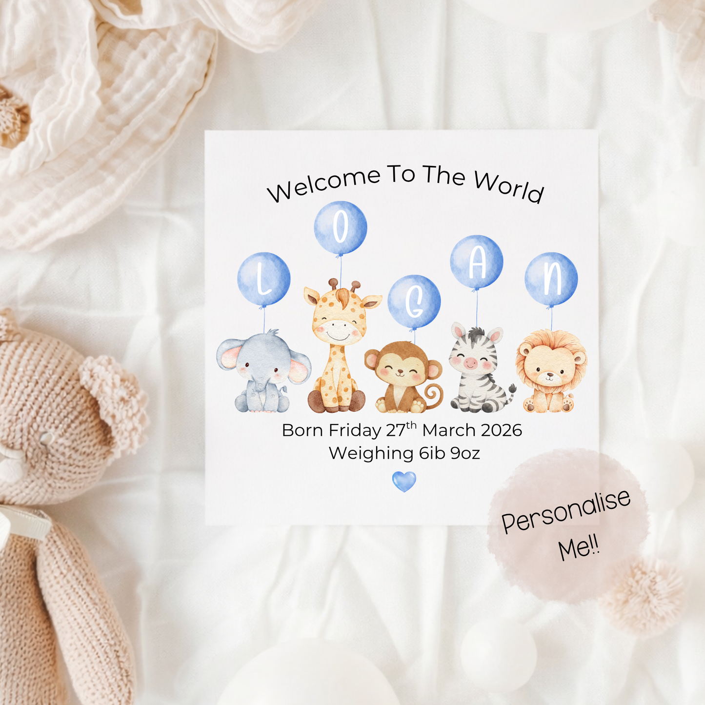 Baby announcement card with cartoon animals and balloons on a soft white background.