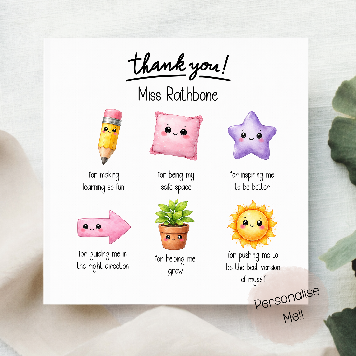 Personalized thank you card with cartoon characters and text on a white background